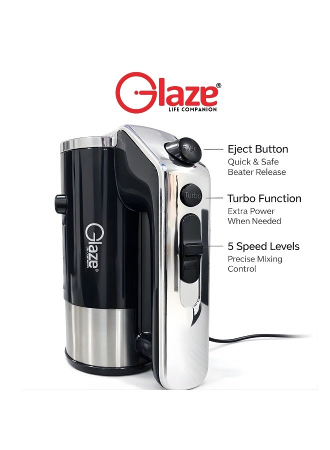 جليز خلاط يدوي 250 واط، خلاط كهربائي بخمس سرعات مع مضارب من الفولاذ المقاوم للصدأ وخطافات للعجين، خلاط مطبخ خفيف الوزن للخبز - Image 4